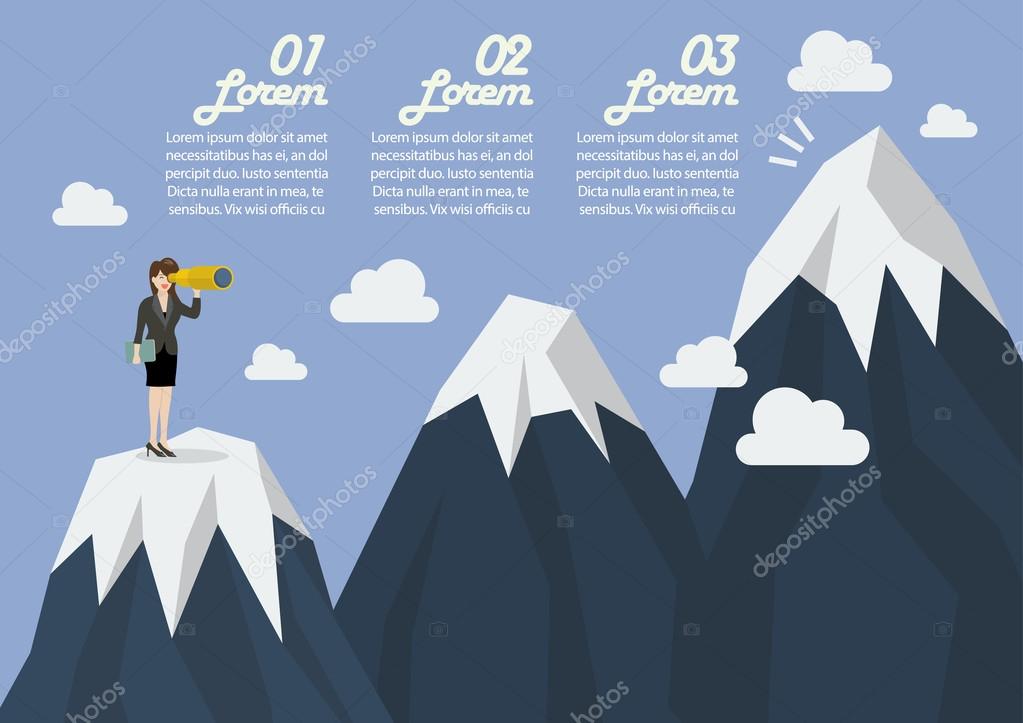 Business woman looking for mountain peak infographic