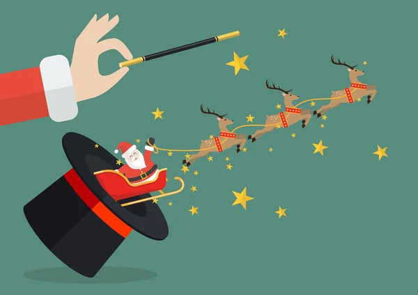 Weihnachtsmann mit Rentierschlitten fliegt aus dem Zauberhut — Stockvektor