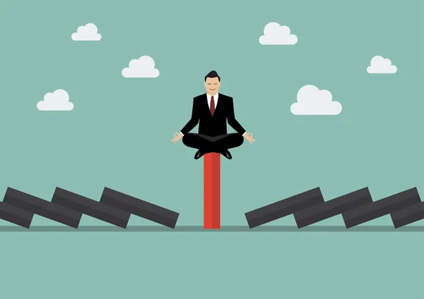Homme d'affaires méditant sur la tuile domino rouge unique parmi les chutes b — Image vectorielle