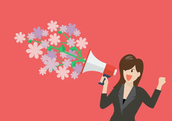Geschäftsfrau hält Megafon mit Blumen in der Hand — Stockvektor