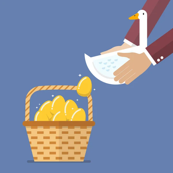 Επιχειρηματίας που μεταφέρουν χήνα με τα χρυσά αυγά στο καλάθι — Διανυσματικό Αρχείο