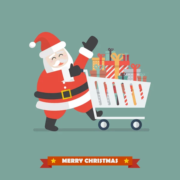 Санта Клаус толкает корзину с грудами подарков — стоковый вектор