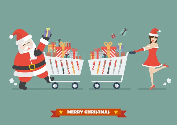 Санта Клаус и Санта-Клаус покупают кучу подарков — стоковый вектор