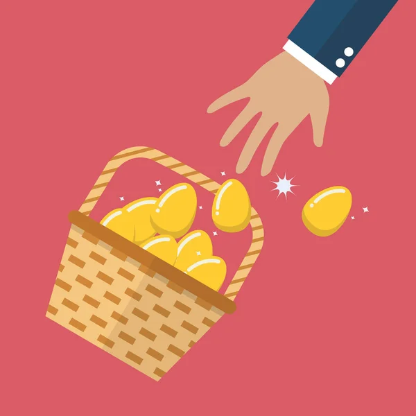 Ovos de ouro na cesta escorregaram da mão — Vetor de Stock