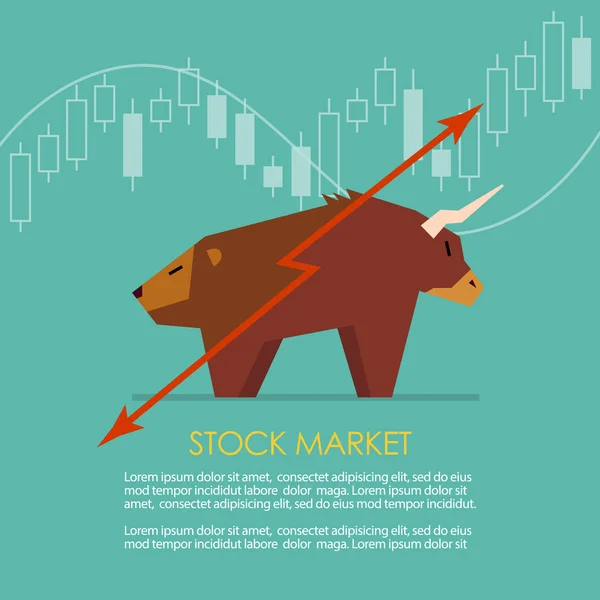 Bull and bear symbol of stock market with candle stick graph — Stock Vector