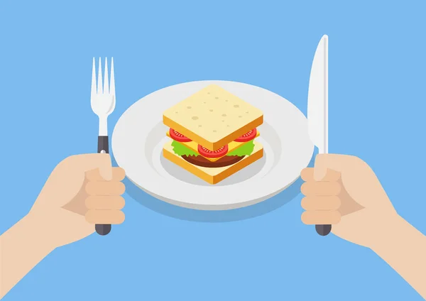 Couteau et couverts de fourchette dans les mains avec sandwich — Image vectorielle