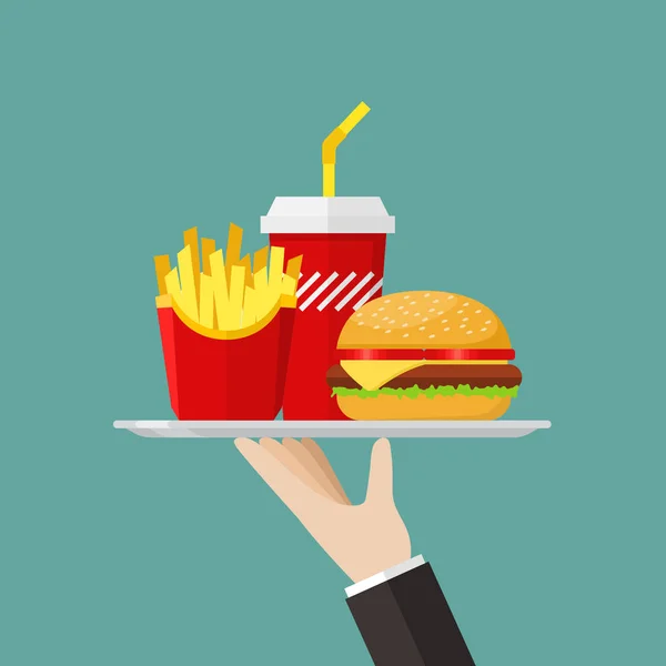 Cameriere che serve un hamburger patatine fritte e soda — Vettoriale Stock