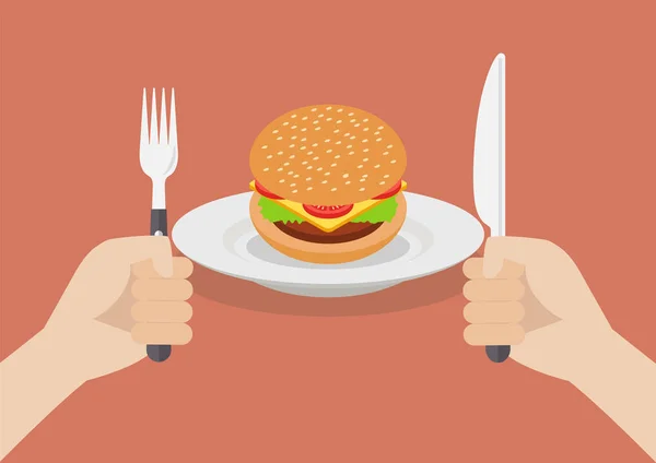 Couteau et couverts de fourchette dans les mains avec hamburger — Image vectorielle