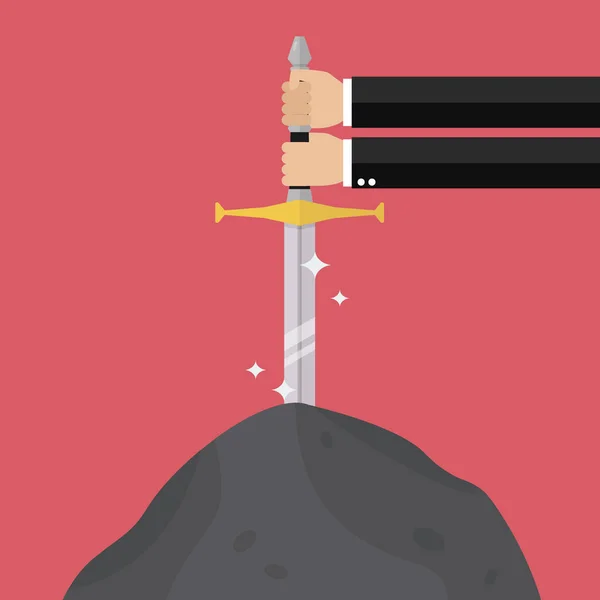 İşadamı el denemek kılıcı taştan çekmek için — Stok Vektör