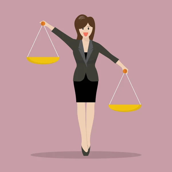 Mulher de negócios carregando uma balança de equilíbrio com ambas as mãos — Vetor de Stock