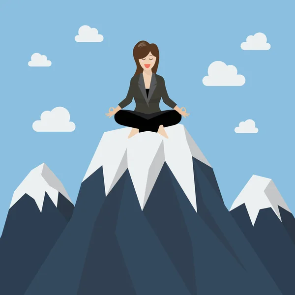 Mulher de negócios meditando em um pico de montanha — Vetor de Stock
