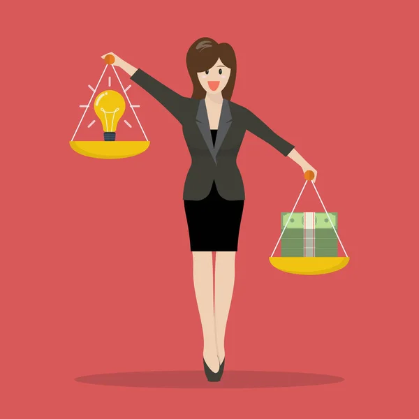 Geschäftsfrau balanciert Idee und Geld auf zwei Wiegeschalen — Stockvektor