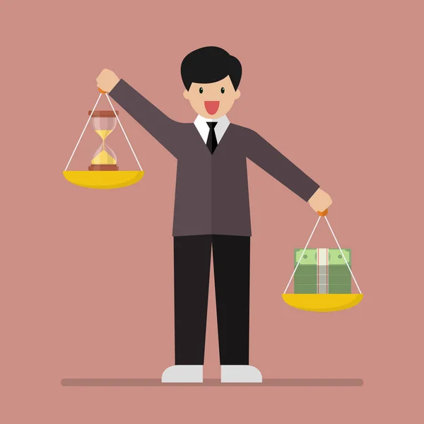 Homme d'affaires équilibrage du temps et de l'argent sur deux plateaux de pesage sur bo — Image vectorielle