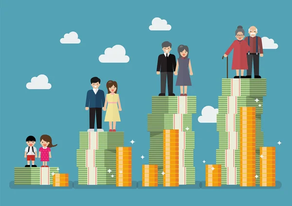 Pessoas gerações com plano de dinheiro de aposentadoria —  Vetores de Stock