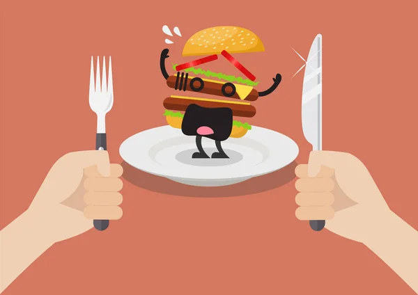 L'homme se prépare à manger un hamburger effrayé — Image vectorielle