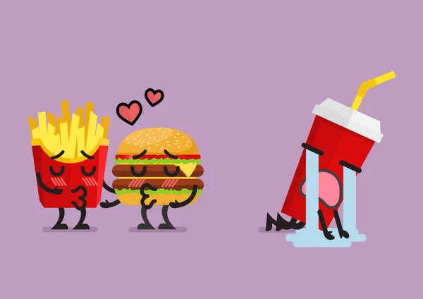 Fast food tomber amoureux embrasser avec le coeur brisé boisson non alcoolisée chara — Image vectorielle