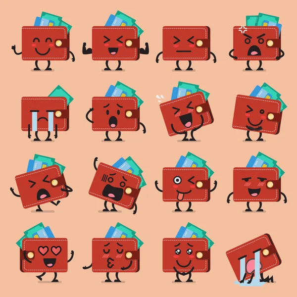 Portefeuille personnage emoji ensemble — Image vectorielle