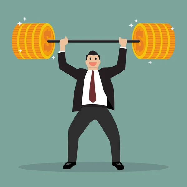 Podnikatel, zvedání cvičení s váhou mince činka — Stockový vektor
