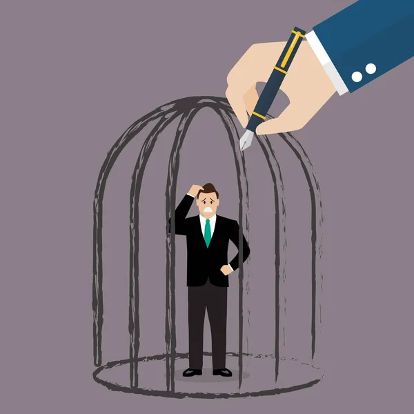 Empresário de pé em uma gaiola desenhada à mão —  Vetores de Stock