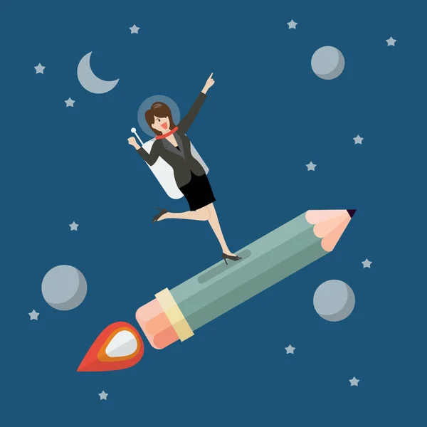 Business kvinna astronaut på penna raket — Stock vektor