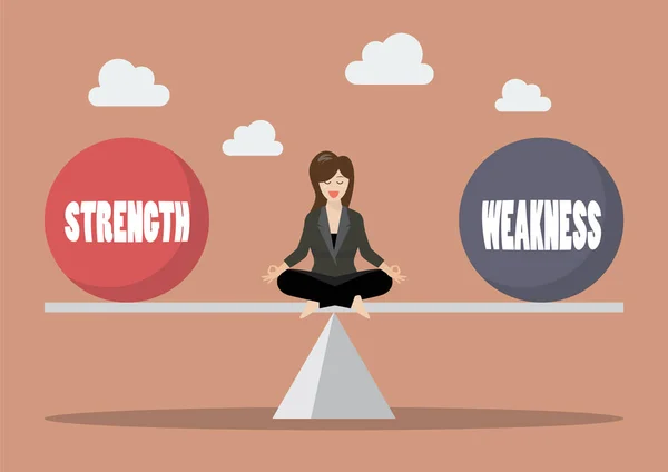 Mujer de negocios equilibrio entre la fuerza y la debilidad — Vector de stock