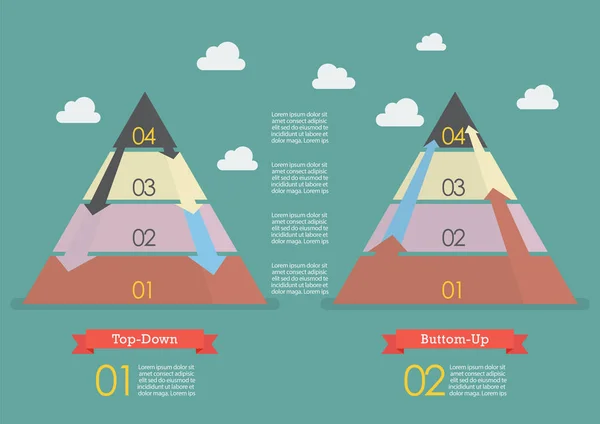 Infografía de estrategia de negocio de pirámide de arriba hacia abajo y de abajo hacia arriba — Archivo Imágenes Vectoriales