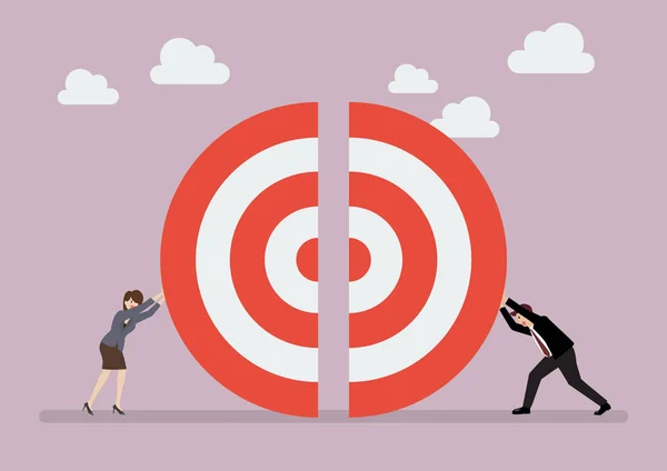 Businessman and woman pushing a pieces of big target together — Stock Vector