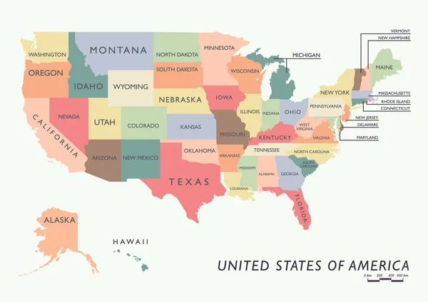Mapa colorido dos EUA com nome dos estados —  Vetores de Stock
