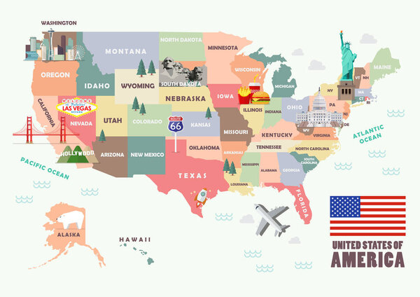 Map of the United States of America with Famous attractions