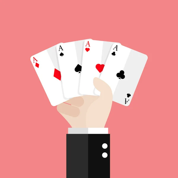 Cuatro ases jugando cartas en la mano — Vector de stock