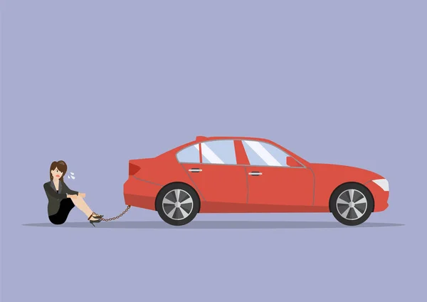 Wanita bisnis putus asa dengan beban utang mobil - Stok Vektor