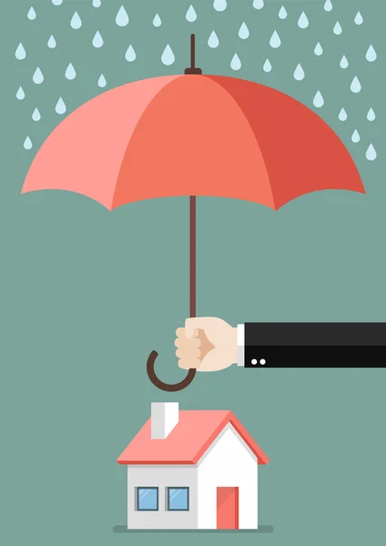 Mano che tiene un ombrello che protegge la casa — Vettoriale Stock