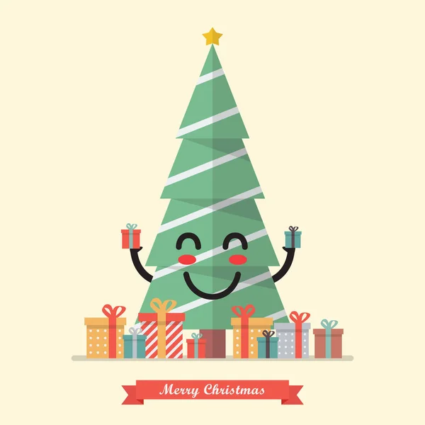 Mutlu Noel ağacı karakteri ile mutlu Noeller — Stok Vektör