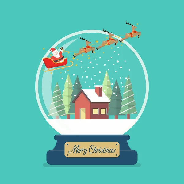 Veselé vánoční skleněná koule s Santa na saních a v zimě dům — Stockový vektor