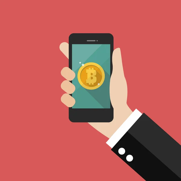 Rękę trzymając smartfon z waluty bitcoin — Wektor stockowy