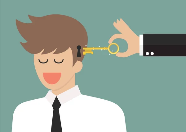 Άνθρωπος που κρατά ένα κλειδί ξεκλειδώματος μυαλό επιχειρηματίας — Διανυσματικό Αρχείο