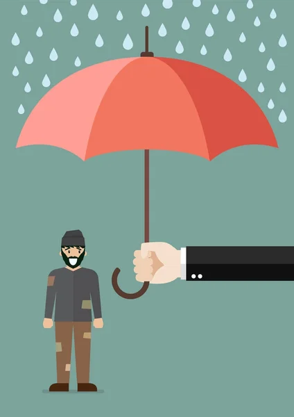 Mano sosteniendo un paraguas protegiendo al pobre hombre — Vector de stock