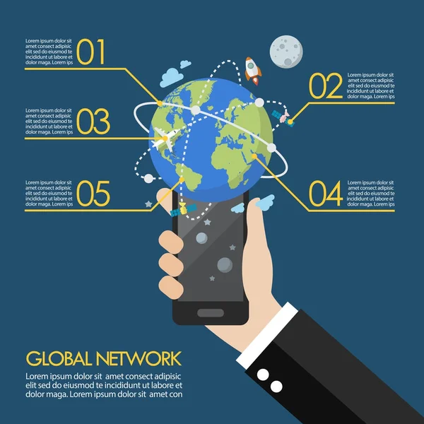 Ruka držící smartphone s globálním síťovým připojením — Stockový vektor