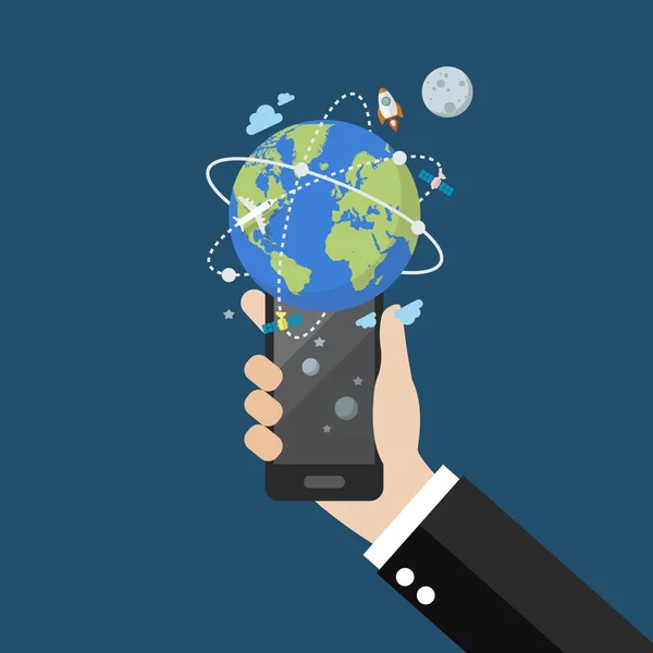 Mão segurando smartphone com conexão de rede global —  Vetores de Stock