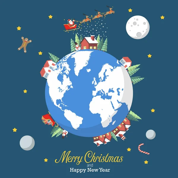 Joyeux Noël et bonne année avec globe terrestre — Image vectorielle