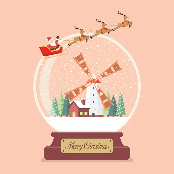 산타 썰매, 겨울 시골 사우스 캐롤라이나와 함께 메리 크리스마스 유리 공 — 스톡 벡터