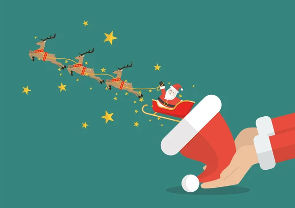Άγιος Βασίλης με έλκηθρο ταράνδων που φέρουν έξω από το καπέλο Σάντα — Διανυσματικό Αρχείο