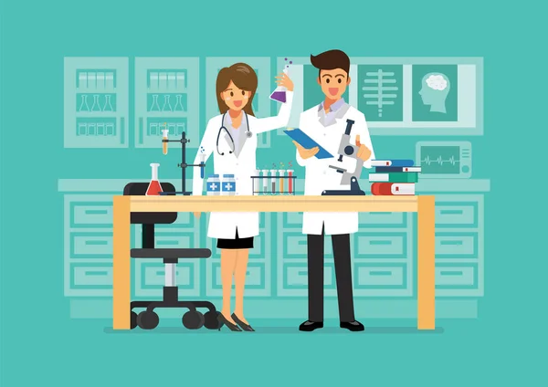 Médico e técnico de ciências fazendo pesquisa em laboratório médico — Vetor de Stock