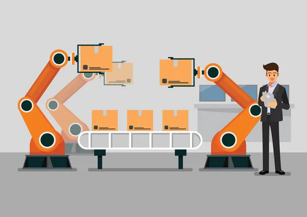 Kórház tabletta segítségével ellenőrzés automatizált robot kar megmunká — Stock Vector