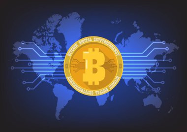 Dünya harita arka plan ile Bitcoin dijital cryptocurrency
