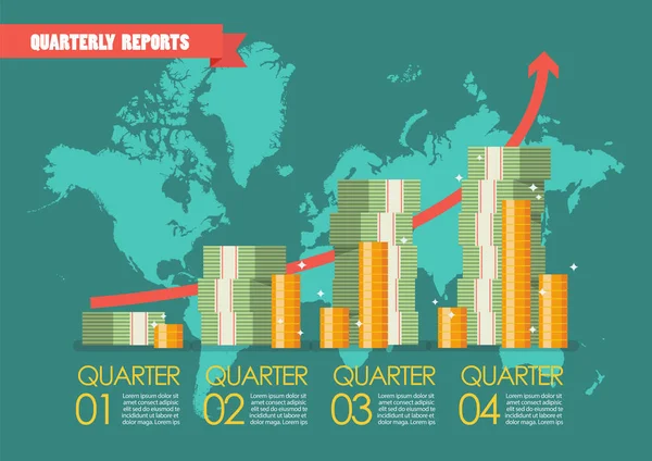 Quarterly reports with wolrld map infographic — Stock Vector