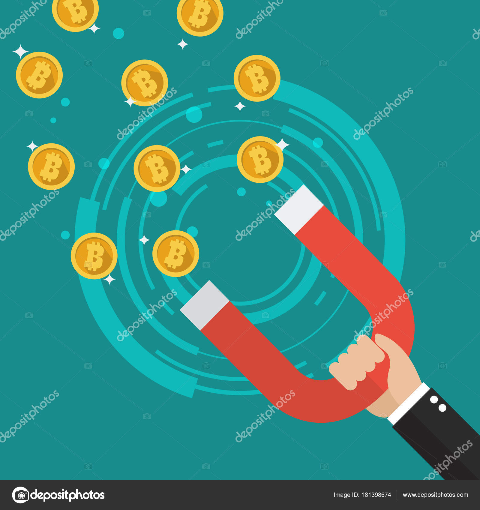 商人手持磁铁吸引比特币图库矢量图©siraanamwong 181398674