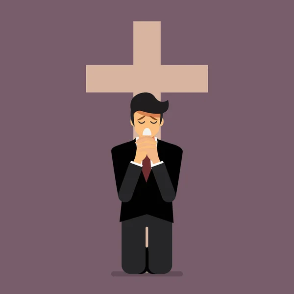 Sadness man is on his knees and prays to god — Stock Vector