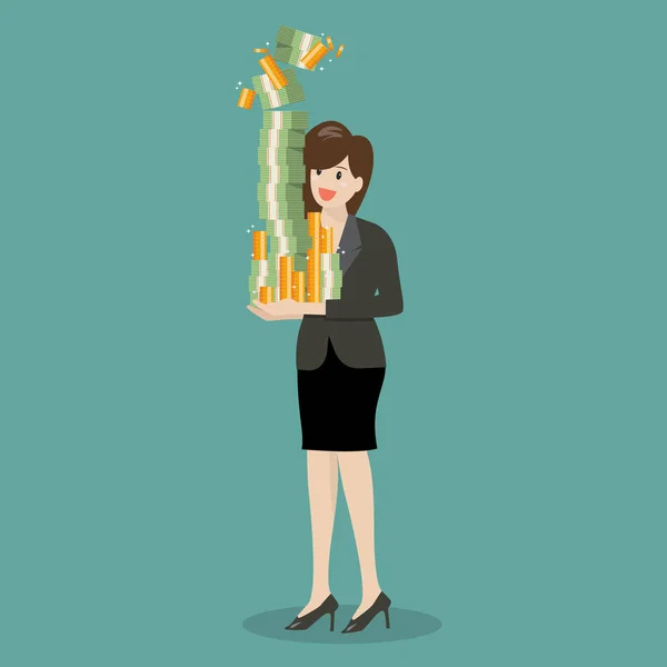 Mujer de negocios con mucho dinero — Vector de stock