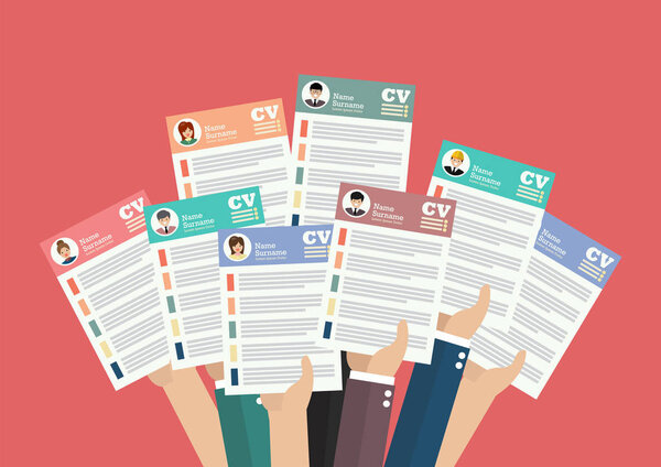Manos que sostienen los documentos del curriculum vitae — Vector de stock
